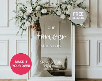 Personalized Wedding Mirror Decal, Our Forever Starts Now, Elegant Vinyl Sign Sticker