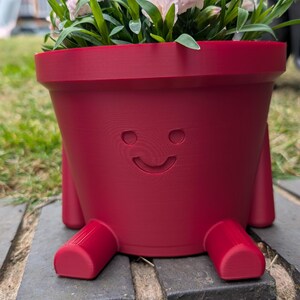 May include: A red planter pot with a smiling face design, holding green plants and pink flowers. The pot has legs and is sitting on a brick surface. The background is blurred with greenery.