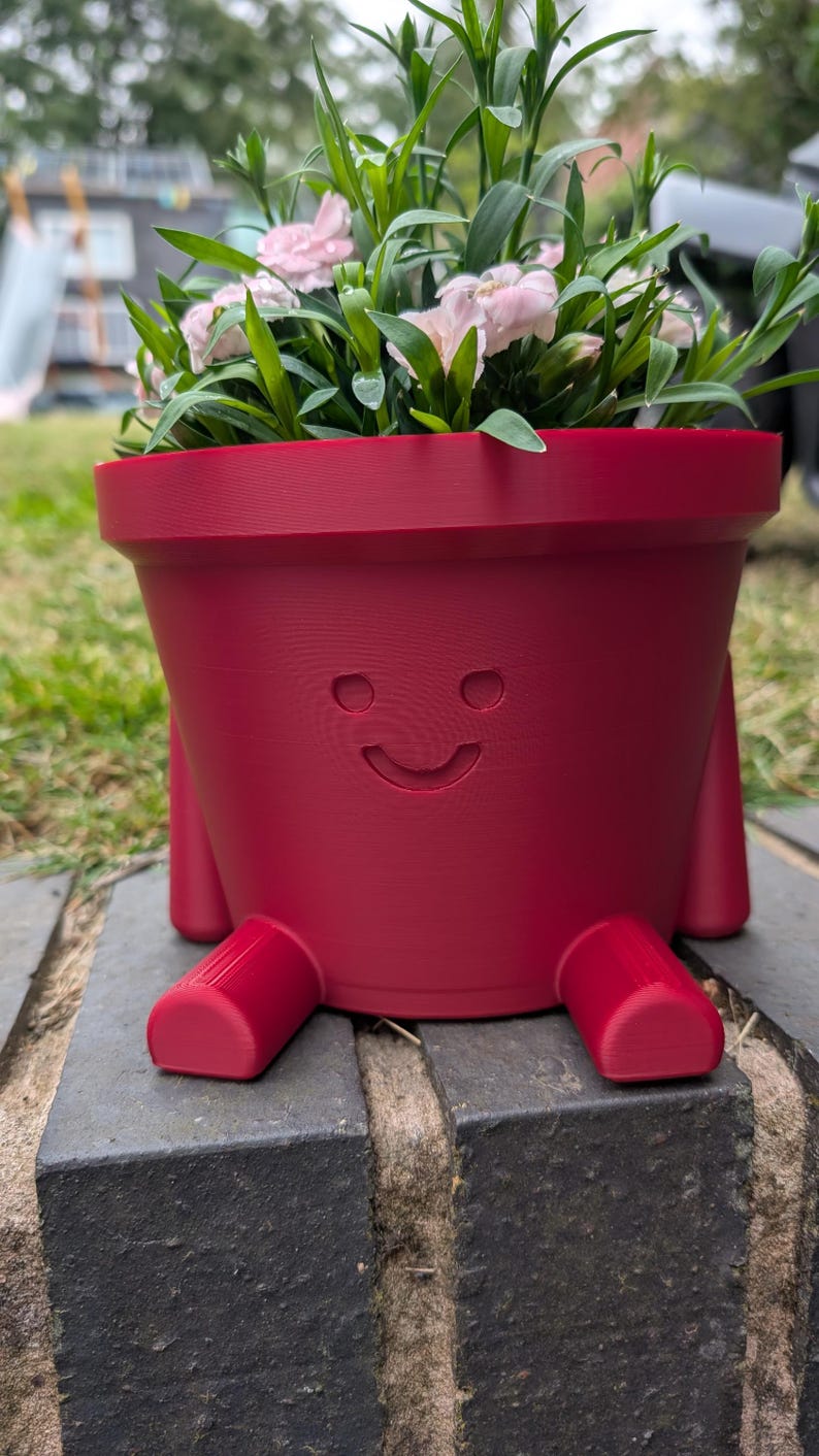 May include: A red planter pot with a smiling face design, holding green plants and pink flowers. The pot has legs and is sitting on a brick surface. The background is blurred with greenery.