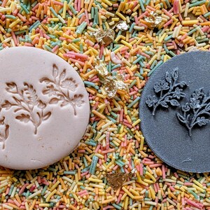 May include: Two round floral design stamps, one light pink and one dark gray, rest on a bed of colorful sprinkles. The stamps feature detailed botanical patterns, ideal for crafting or baking projects.