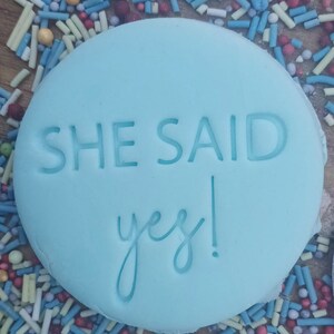Może przedstawiać: Jasnoniebieski, okrągły fondant z wytłoczonymi słowami "SHE SAID yes!". Fondant otoczony jest kolorową posypką w kolorze niebieskim, białym, czerwonym i ż&oacute;łtym.