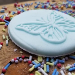 May include: A light blue fondant cookie with a butterfly design. The cookie is surrounded by colorful sprinkles.