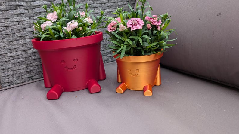 May include: Two whimsical flower pots, one red and one gold, each with a smiling face and small legs. The pots are filled with green foliage and pink flowers. A fun and unique addition to any home or garden.