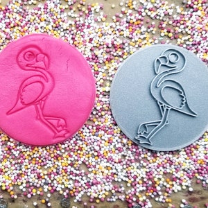 Peut inclure: Deux emporte-pi&egrave;ces circulaires en forme de flamant rose, un rose et un gris, reposent sur une surface en bois recouverte de vermicelles color&eacute;s. Le motif du flamant rose est en relief sur chaque cercle.