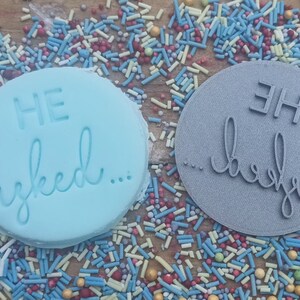 May include: Two round, blue and gray cookie cutters with the text "HE asked..." and "...he said" on them. The cookie cutters are surrounded by colorful sprinkles.