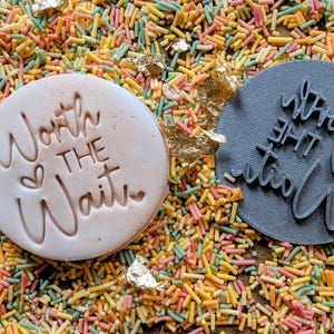 May include: Two round objects with the text "Worth The Wait" are displayed on a bed of colorful sprinkles. One is a light pink color with the text embossed, and the other is a dark gray color with the text in a raised relief.