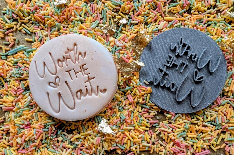 May include: Two round objects with the text "Worth The Wait" are displayed on a bed of colorful sprinkles. One is a light pink color with the text embossed, and the other is a dark gray color with the text in a raised relief.