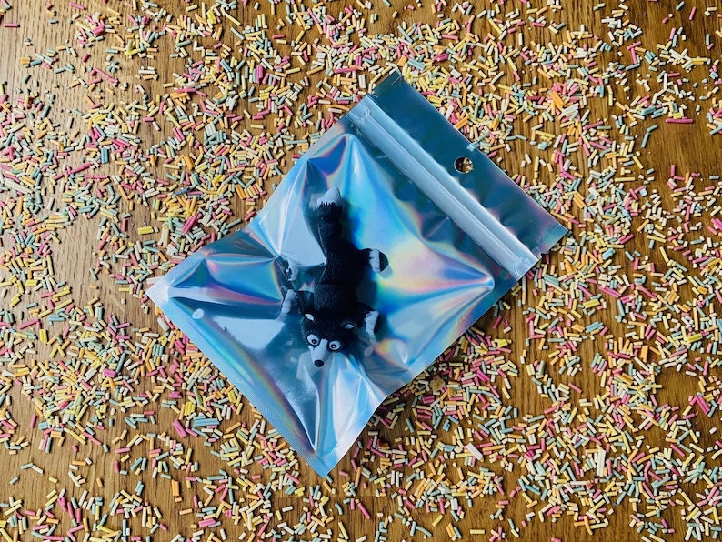 May include: A black and white fox figurine inside a holographic zip-lock bag. The bag is on a wooden surface covered in colorful sprinkles. The fox has white markings around its eyes and chest.