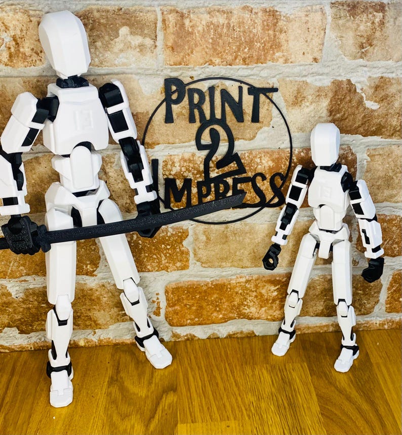 May include: Two white articulated action figures with black joints and accents, one holding a black sword. The figures stand in front of a brick wall with a black sign that reads "PRINT 2 IMPRESS".
