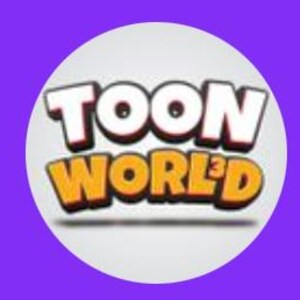 May include: A white circle with a purple background. The circle contains the text "TOON WORLD" in orange letters with a shadow effect.