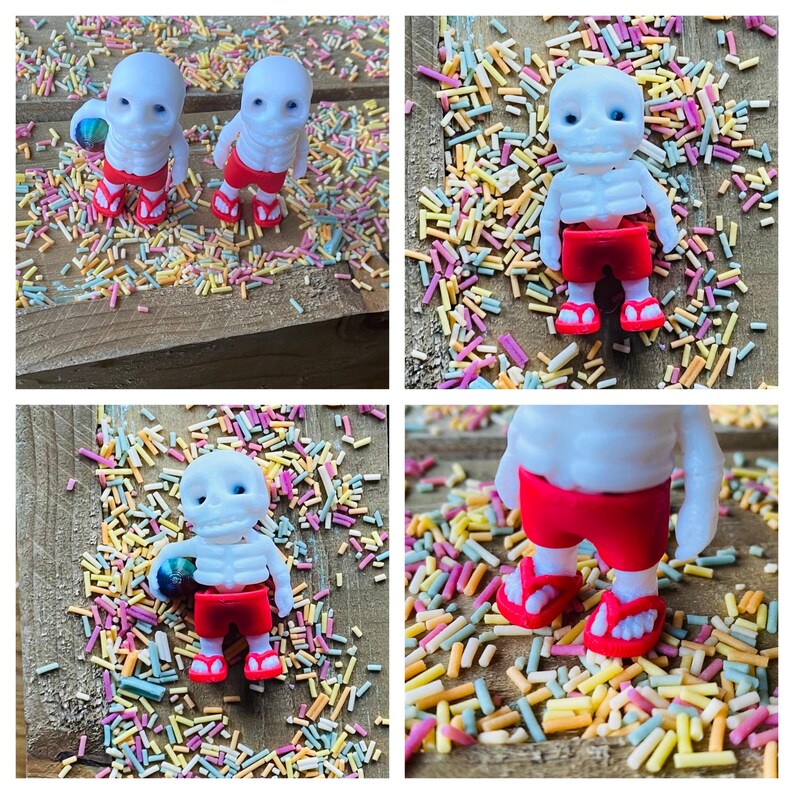 May include: Four white skeleton figurines wearing red shorts and holding a small ball. The figurines are surrounded by colorful sprinkles on a wooden surface.