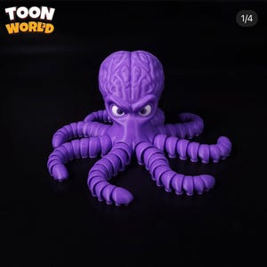 May include: A purple octopus figurine with a brain-shaped head and angry eyes. The tentacles are segmented, and the figure is set against a black background. The text "TOON WORLD" is in the upper left corner.