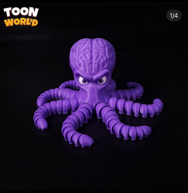 May include: A purple octopus figurine with a brain-shaped head and angry eyes. The tentacles are segmented, and the figure is set against a black background. The text "TOON WORLD" is in the upper left corner.