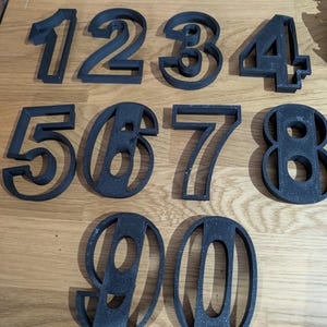 May include: A set of ten black, three-dimensional numbers, from 1 to 0, arranged on a wooden surface. The numbers are in a sans-serif font and appear to be made of a solid material.
