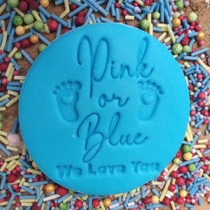 May include: A blue round silicone stamp with the text "Pink or Blue" and two footprints with hearts. The text "We Love You" is also included on the stamp.