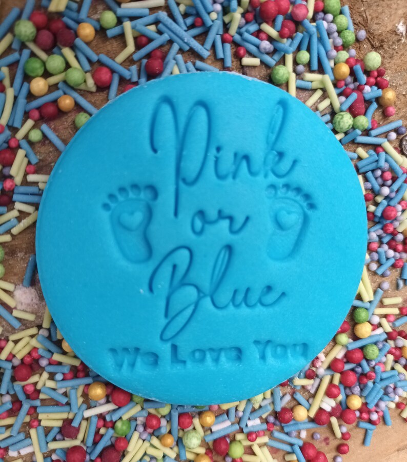 May include: A blue round silicone stamp with the text "Pink or Blue" and two footprints with hearts. The text "We Love You" is also included on the stamp.