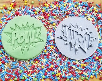Pow -Superhero - comic embosser stamp - personalized icing stamp - cupcakes - birthday - personalized cakes - children's cupcakes