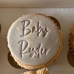 May include: A frosted cupcake with the words "Baby Ryder" in elegant script. The frosting is light gray with gold flecks, and the cupcake sits in a decorative paper cup. The overall theme suggests a baby shower or celebration.