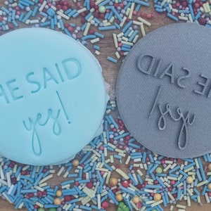 Może przedstawiać: Dwa okrągłe przedmioty z napisem "SHE SAID yes!". Jeden jest jasnoniebieski, drugi szary. Obiekty otoczone są kolorową posypką, tworząc świąteczną i uroczystą scenę.