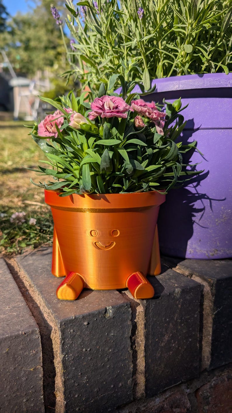 May include: A whimsical orange planter with a smiling face and small red feet, holding a vibrant plant with pink flowers and green foliage. The planter is sitting on a brick surface, with a purple planter in the background.