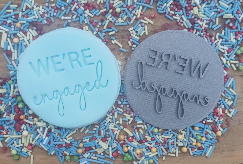 May include: Two round, blue and gray cookie cutters with the text "WE'RE engaged" in white. The cookie cutters are surrounded by colorful sprinkles.