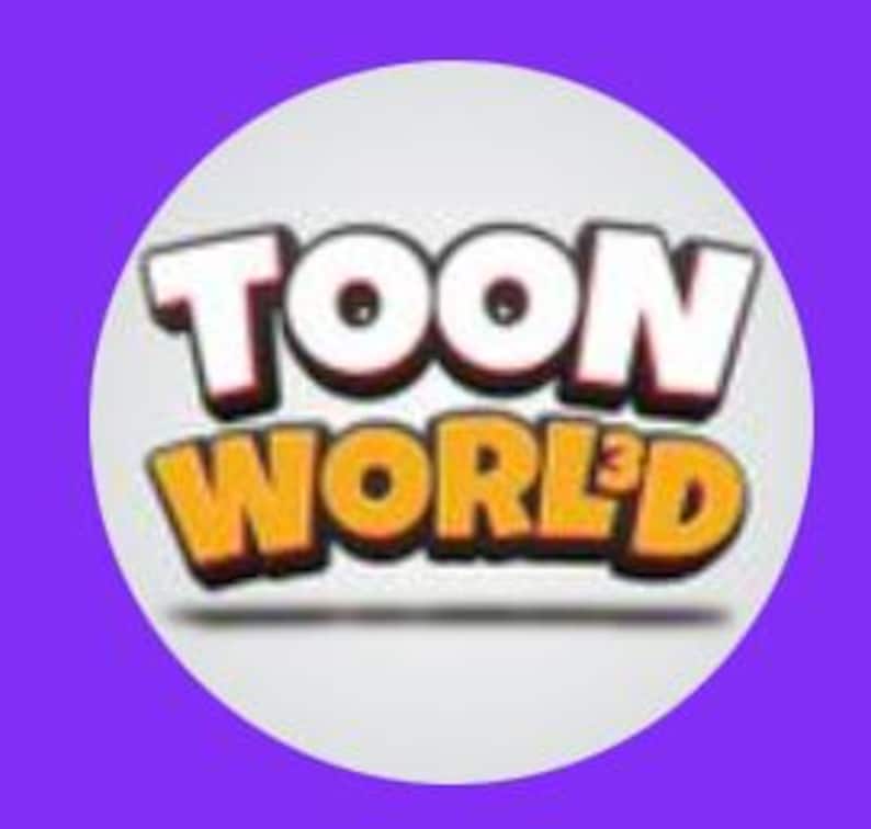 K&ouml;nnte beinhalten: Ein wei&szlig;er Kreis mit einem violetten Hintergrund. Der Kreis enth&auml;lt den Text "TOON WORLD" in orangefarbenen Buchstaben mit einem Schattensffekt.