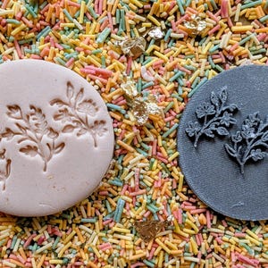 May include: Two round floral design stamps, one light pink and one dark gray, rest on a bed of colorful sprinkles. The stamps feature detailed botanical patterns, ideal for crafting or baking projects.