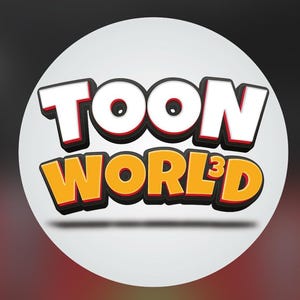 May include: A logo for "TOON WORLD&sup3;" in a white circle against a gradient background. The text is in a 3D style with white letters outlined in black and red, and the "WORLD" text is in orange.