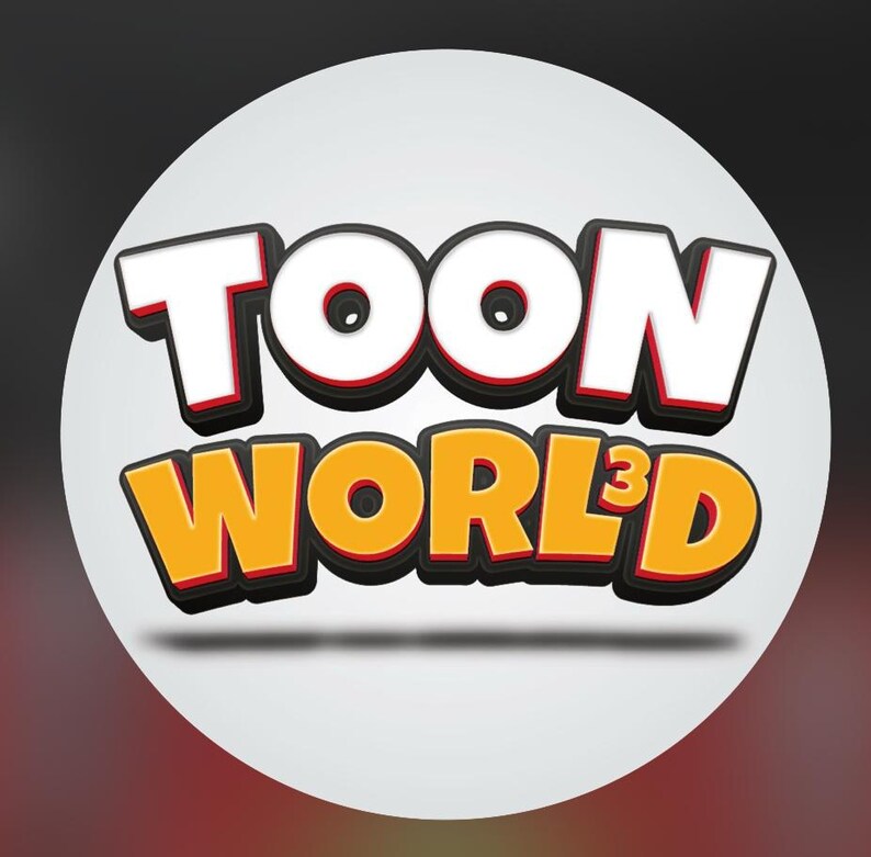 May include: A logo for "TOON WORLD&sup3;" in a white circle against a gradient background. The text is in a 3D style with white letters outlined in black and red, and the "WORLD" text is in orange.
