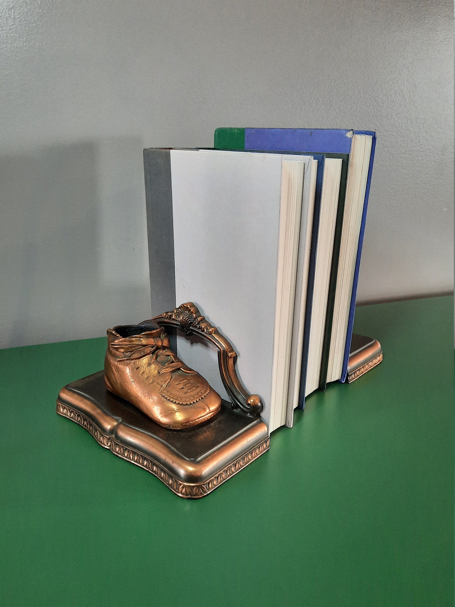 Vintage Mid Century Bronze Baby Shoe Bookends, Nursery Decor, Baby Room