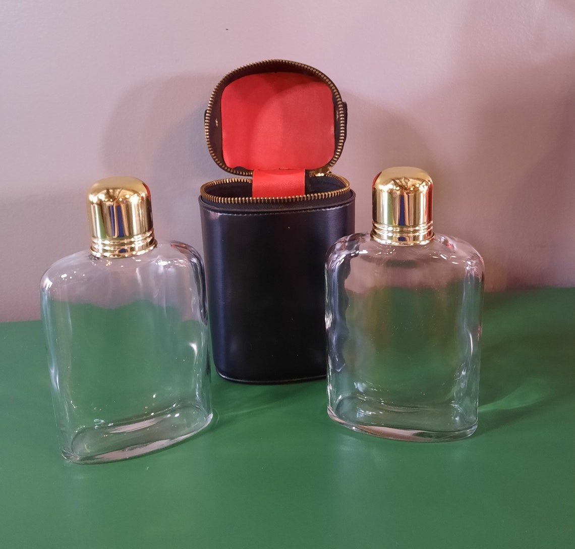 Vintage Glass Hip Flasks with Genuine Black Leather Carrying Etsy