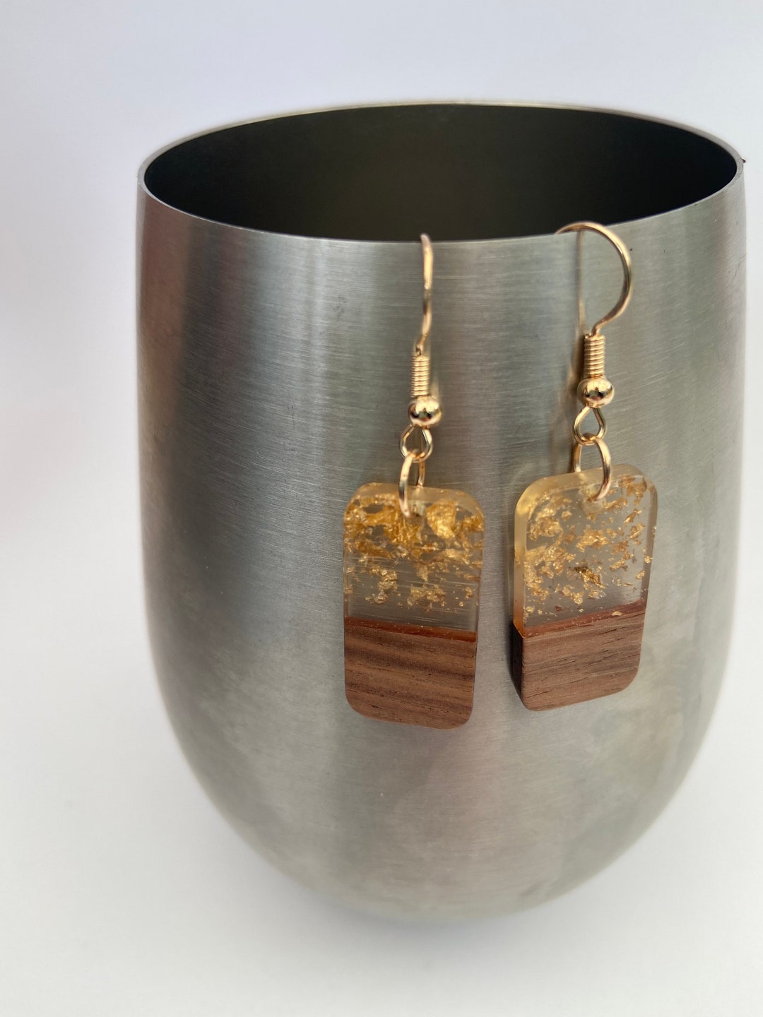 Clear Resin With Gold Flakes and Wood Rectangular Earrings Etsy UK
