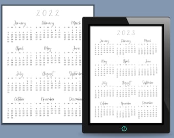 2022/2023 Calendar - Year at a Glance Calendar - Yearly Calendars - Yearly Calendar - PNG & PDF Calendars - Print or Digital Calendars