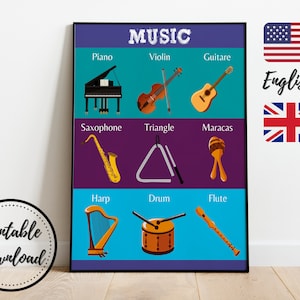 MUSIC INSTRUMENTS POSTER • Montessori Educational Poster, Homeschool decor, Kids Printable • Digital Download Musical • Instruments Wall Art
