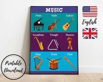 MUSIC INSTRUMENTS POSTER • Montessori Educational Poster, Homeschool decor, Kids Printable • Digital Download Musical • Instruments Wall Art
