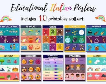 Italiaanse educatieve posters, set van 10 prints in de speelkamer voor kinderen en peuters • Digitale download afdrukbaar • Italiaans leren •