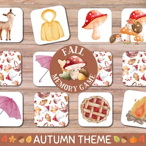 Könnte beinhalten: Eine Sammlung quadratischer Karten mit herbstlichen Illustrationen, darunter ein Reh, ein gelber Regenmantel, Pilze, ein rosa Regenschirm und ein Kuchen. Die Wörter "FALL MEMORY GAME" und "AUTUMN THEME" sind ebenfalls vorhanden.