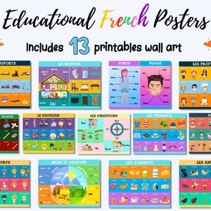 Französische Lernposter • 13er Set Spielzimmer für Kinder, Schulwandkunst • Digitaler Download • Montessori Französisches Plakat