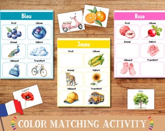 May include: A color matching activity for kids featuring images of various objects in blue, yellow, and pink. The cards include categories like fruit, vegetable, animal, nature, clothing, and transportation. The words "Bleu", "Jaune", and "Rose" are written on the cards.