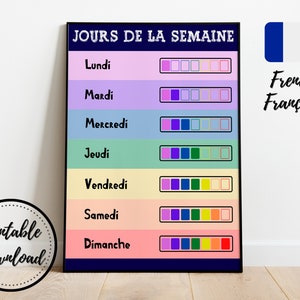 Poster GIORNI della SETTIMANA JOURS de la Semaine • Poster educativo francese Decorazioni per la scuola in casa Poster didattico Aula di francese • Download digitale