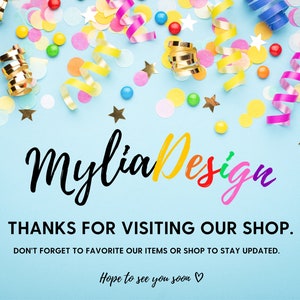 Op de afbeelding: Een feestelijke afbeelding met kleurrijke confetti, slingers en sterren verspreid op een lichtblauwe achtergrond. De tekst "Mylia Design" wordt weergegeven in een regenboogverloop, met extra tekst die bezoekers bedankt en hen aanmoedigt om de shop te favorieten.