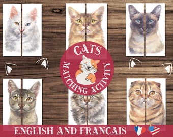 Katzen Symmetrie Puzzles • Kinder farblich passende Karten, Homeschool Montessori Materialien • DIGITAL-Druck • Katzenrassen Lernaktivität