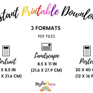 Op de afbeelding: Witte afbeelding met de tekst "Instant Printable Download" in een kleurrijk handschrift. De afbeelding toont drie formaten: Portret (27,9 x 21,6 cm), Landschap (21,6 x 27,9 cm) en Poster (30 x 40 cm), allemaal als PDF-bestanden.
