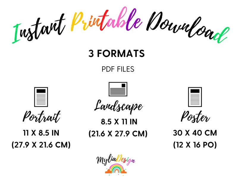 Op de afbeelding: Witte afbeelding met de tekst "Instant Printable Download" in een kleurrijk handschrift. De afbeelding toont drie formaten: Portret (27,9 x 21,6 cm), Landschap (21,6 x 27,9 cm) en Poster (30 x 40 cm), allemaal als PDF-bestanden.