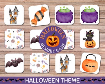 May include: A Halloween-themed memory game featuring watercolor illustrations. The game includes images of a haunted house, candy, a cauldron, a black cat on a pumpkin, and a jack-o'-lantern. The words "Halloween Memory Game" are in the center.