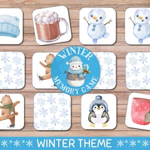 May include: A winter-themed memory game with watercolor illustrations. The game features images of a blue hat, hot chocolate, snowmen, snowflakes, a bear ice skating, and a penguin. The words "Winter Memory Game" are in a circle.