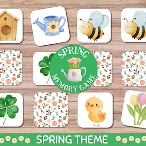 May include: Spring-themed memory game with 12 cards featuring images of a bee, a watering can, a clover, a birdhouse, a floral pattern, and a chick. The cards are white with a green border and the text "Spring Memory Game" is printed on a green circle.