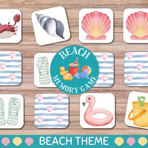 Puede incluir: Un juego de memoria con temática de playa con ilustraciones de acuarela. El juego incluye imágenes de un cangrejo, una concha, chanclas, un flamenco y un cubo con palas. También se ve el texto "BEACH MEMORY GAME" y "BEACH THEME".
