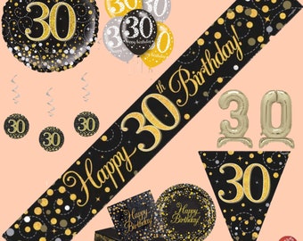 Black and Gold 30th Birthday Party Decorations: Banners, Balloons and Tableware
