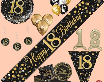 18th Birthday Party Decorations Black & Gold bunting banners swirls plates napkins table cover balloons
